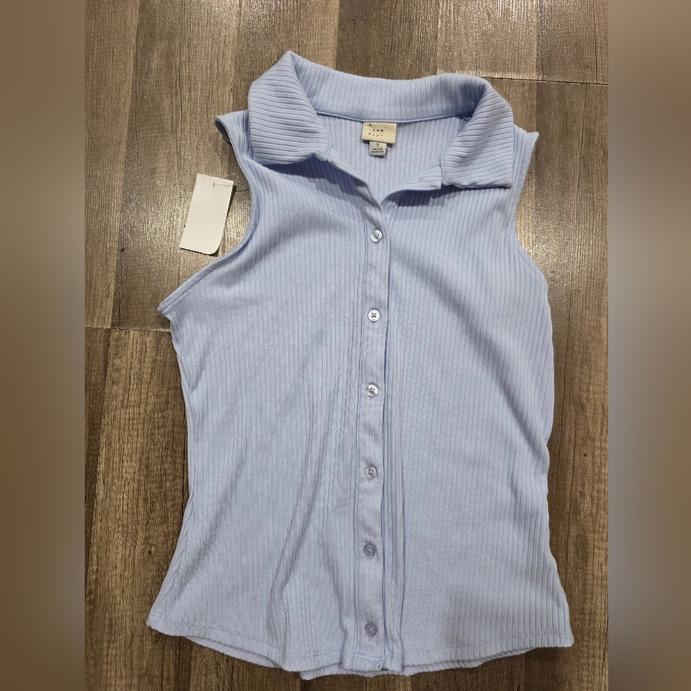 Nwt A NEW DAY TARGET ribbed Collared Sleeveless Shirt Pastel Blue Preppy Busines - Picture 6 of 9